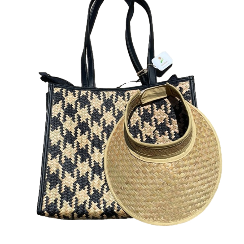 Gaia made woven straw beach bag and sun visor black/tan handmade NWT